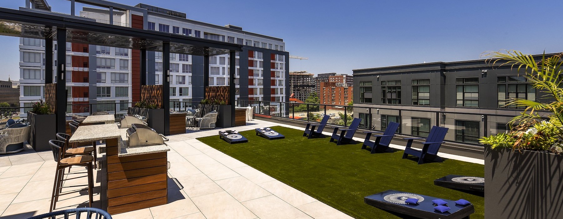 a courtyard with tables and chairs