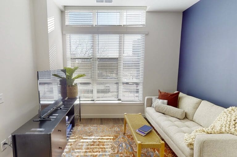 Homey living room with a large window at our Mount Vernon Triangle apartments
