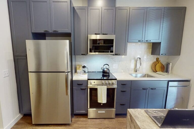 Washington, DC apartment kitchen with wood-style flooring and stainless steel appliances